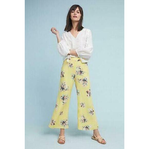 Anthropologie x Feather Bone Wide Leg Pants Yellow Floral Linen Blend Size 2 - Picture 13 of 13